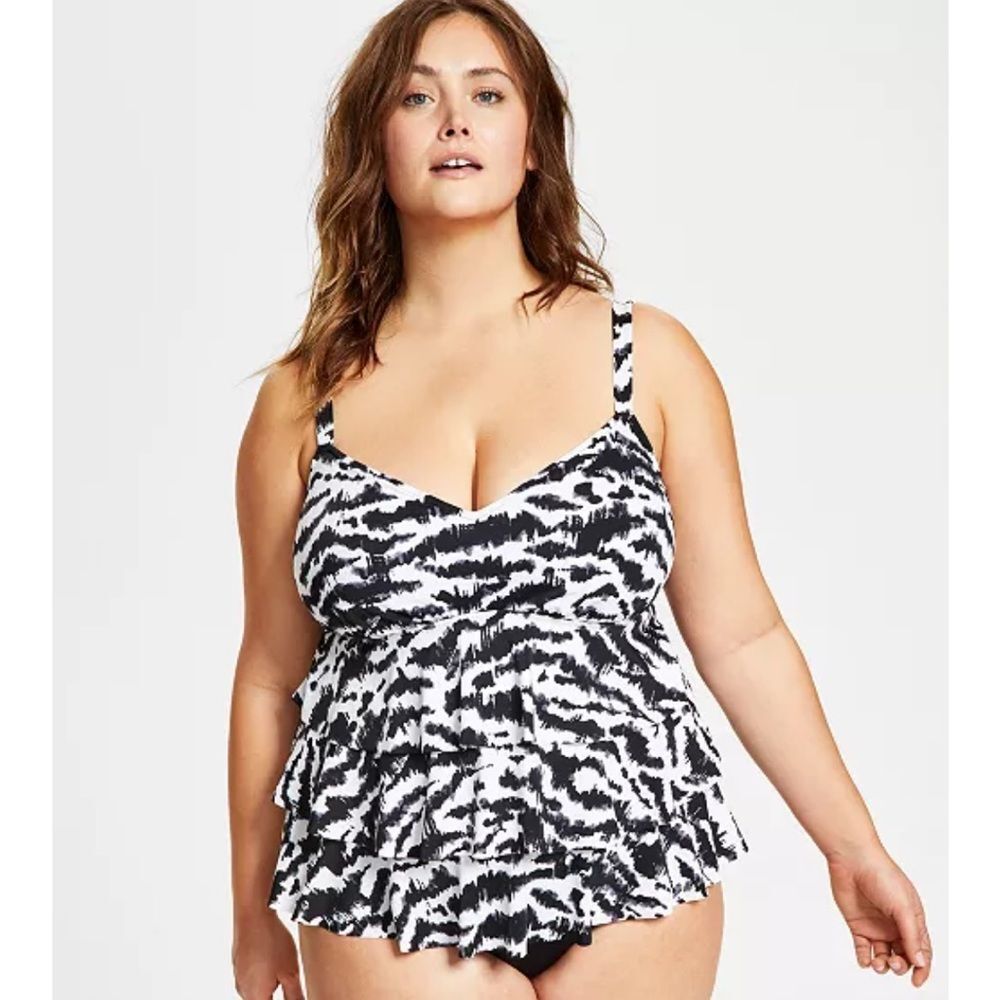 NWT SWIM‎ SOLUTIONS | Plus Size Tummy Control Triple Tier Fauxkini One Piece 10